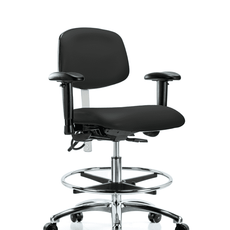 Class 100 Vinyl Clean Room/ESD Chair - Medium Bench Height with Adjustable Arms, Chrome Foot Ring, & ESD Casters in Black ESD Vinyl - NECR-MBCH-CR-T0-A1-CF-EC-ESDBLK
