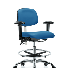 Class 100 Vinyl Clean Room/ESD Chair - Medium Bench Height with Adjustable Arms, Chrome Foot Ring, & ESD Casters in Blue ESD Vinyl - NECR-MBCH-CR-T0-A1-CF-EC-ESDBLU