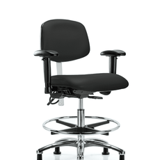 Class 100 Vinyl Clean Room/ESD Chair - Medium Bench Height with Seat Tilt, Adjustable Arms, Chrome Foot Ring, & ESD Stationary Glides in Black ESD Vinyl - NECR-MBCH-CR-T1-A1-CF-EG-ESDBLK