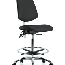 Class 100 Vinyl Clean Room/ESD Chair - High Bench Height with Medium Back, Chrome Foot Ring, & ESD Casters in Black ESD Vinyl - NECR-VHBCH-MB-CR-T0-A0-CF-EC-ESDBLK