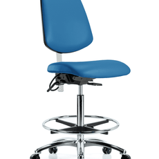 Class 100 Vinyl Clean Room/ESD Chair - High Bench Height with Medium Back, Chrome Foot Ring, & ESD Casters in Blue ESD Vinyl - NECR-VHBCH-MB-CR-T0-A0-CF-EC-ESDBLU