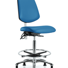 Class 100 Vinyl Clean Room/ESD Chair - High Bench Height with Medium Back, Chrome Foot Ring, & ESD Stationary Glides in Blue ESD Vinyl - NECR-VHBCH-MB-CR-T0-A0-CF-EG-ESDBLU