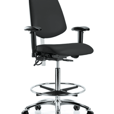 Class 100 Vinyl Clean Room/ESD Chair - High Bench Height with Medium Back, Adjustable Arms, Chrome Foot Ring, & ESD Casters in Black ESD Vinyl - NECR-VHBCH-MB-CR-T0-A1-CF-EC-ESDBLK