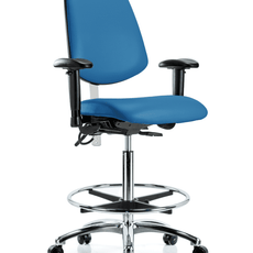 Class 100 Vinyl Clean Room/ESD Chair - High Bench Height with Medium Back, Adjustable Arms, Chrome Foot Ring, & ESD Casters in Blue ESD Vinyl - NECR-VHBCH-MB-CR-T0-A1-CF-EC-ESDBLU