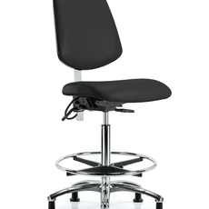 Class 100 Vinyl Clean Room/ESD Chair - High Bench Height with Medium Back, Seat Tilt, Chrome Foot Ring, & ESD Stationary Glides in Black ESD Vinyl - NECR-VHBCH-MB-CR-T1-A0-CF-EG-ESDBLK