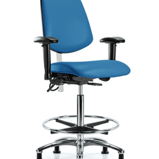 Class 100 Vinyl Clean Room/ESD Chair - High Bench Height with Medium Back, Seat Tilt, Adjustable Arms, Chrome Foot Ring, & ESD Stationary Glides in Blue ESD Vinyl - NECR-VHBCH-MB-CR-T1-A1-CF-EG-ESDBLU
