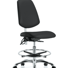 Class 100 Vinyl Clean Room/ESD Chair - Medium Bench Height with Medium Back, Chrome Foot Ring, & ESD Casters in Black ESD Vinyl - NECR-VMBCH-MB-CR-T0-A0-CF-EC-ESDBLK