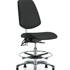 Class 100 Vinyl Clean Room/ESD Chair - Medium Bench Height with Medium Back, Chrome Foot Ring, & ESD Stationary Glides in Black ESD Vinyl - NECR-VMBCH-MB-CR-T0-A0-CF-EG-ESDBLK