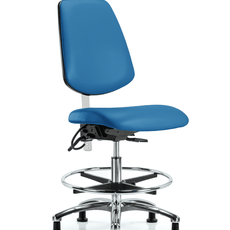 Class 100 Vinyl Clean Room/ESD Chair - Medium Bench Height with Medium Back, Chrome Foot Ring, & ESD Stationary Glides in Blue ESD Vinyl - NECR-VMBCH-MB-CR-T0-A0-CF-EG-ESDBLU