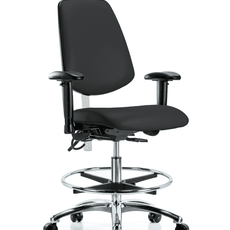 Class 100 Vinyl Clean Room/ESD Chair - Medium Bench Height with Medium Back, Adjustable Arms, Chrome Foot Ring, & ESD Casters in Black ESD Vinyl - NECR-VMBCH-MB-CR-T0-A1-CF-EC-ESDBLK