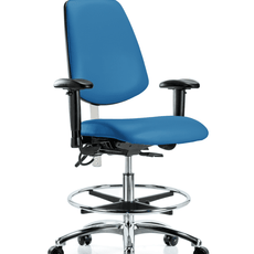 Class 100 Vinyl Clean Room/ESD Chair - Medium Bench Height with Medium Back, Adjustable Arms, Chrome Foot Ring, & ESD Casters in Blue ESD Vinyl - NECR-VMBCH-MB-CR-T0-A1-CF-EC-ESDBLU