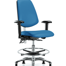 Class 100 Vinyl Clean Room/ESD Chair - Medium Bench Height with Medium Back, Adjustable Arms, Chrome Foot Ring, & ESD Stationary Glides in Blue ESD Vinyl - NECR-VMBCH-MB-CR-T0-A1-CF-EG-ESDBLU