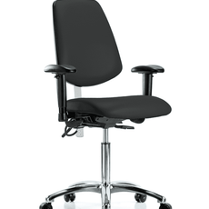 Class 100 Vinyl Clean Room/ESD Chair - Medium Bench Height with Medium Back, Seat Tilt, Adjustable Arms, & ESD Casters in Black ESD Vinyl - NECR-VMBCH-MB-CR-T1-A1-NF-EC-ESDBLK