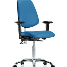 Class 100 Vinyl Clean Room/ESD Chair - Medium Bench Height with Medium Back, Seat Tilt, Adjustable Arms, & ESD Casters in Blue ESD Vinyl - NECR-VMBCH-MB-CR-T1-A1-NF-EC-ESDBLU