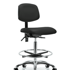 Vinyl Chair Chrome - High Bench Height with Chrome Foot Ring & Casters in Black Trailblazer Vinyl - VHBCH-CR-T0-A0-CF-CC-8540