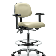 Vinyl Chair Chrome - High Bench Height with Adjustable Arms, Chrome Foot Ring, & Casters in Adobe White Trailblazer Vinyl - VHBCH-CR-T0-A1-CF-CC-8501