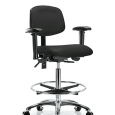 Vinyl Chair Chrome - High Bench Height with Adjustable Arms, Chrome Foot Ring, & Casters in Black Trailblazer Vinyl - VHBCH-CR-T0-A1-CF-CC-8540