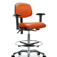 Vinyl Chair Chrome - High Bench Height with Adjustable Arms, Chrome Foot Ring, & Casters in Orange Kist Trailblazer Vinyl - VHBCH-CR-T0-A1-CF-CC-8613