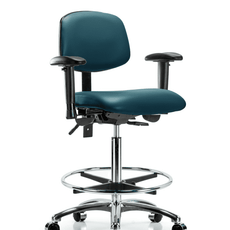 Vinyl Chair Chrome - High Bench Height with Adjustable Arms, Chrome Foot Ring, & Casters in Marine Blue Supernova Vinyl - VHBCH-CR-T0-A1-CF-CC-8801