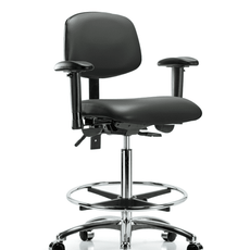 Vinyl Chair Chrome - High Bench Height with Adjustable Arms, Chrome Foot Ring, & Casters in Carbon Supernova Vinyl - VHBCH-CR-T0-A1-CF-CC-8823