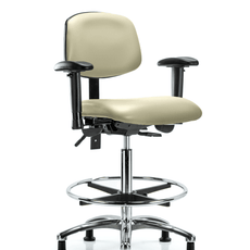 Vinyl Chair Chrome - High Bench Height with Adjustable Arms, Chrome Foot Ring, & Casters in Adobe White Trailblazer Vinyl - VHBCH-CR-T0-A1-CF-RG-8501