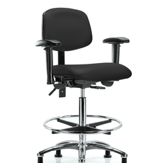 Vinyl Chair Chrome - High Bench Height with Adjustable Arms, Chrome Foot Ring, & Casters in Black Trailblazer Vinyl - VHBCH-CR-T0-A1-CF-RG-8540
