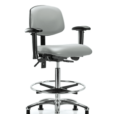 Vinyl Chair Chrome - High Bench Height with Adjustable Arms, Chrome Foot Ring, & Casters in Dove Trailblazer Vinyl - VHBCH-CR-T0-A1-CF-RG-8567