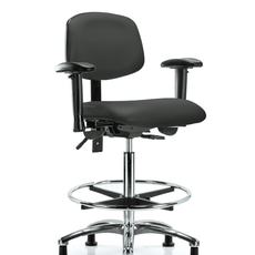 Vinyl Chair Chrome - High Bench Height with Adjustable Arms, Chrome Foot Ring, & Casters in Charcoal Trailblazer Vinyl - VHBCH-CR-T0-A1-CF-RG-8605