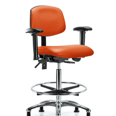 Vinyl Chair Chrome - High Bench Height with Adjustable Arms, Chrome Foot Ring, & Casters in Orange Kist Trailblazer Vinyl - VHBCH-CR-T0-A1-CF-RG-8613