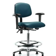 Vinyl Chair Chrome - High Bench Height with Adjustable Arms, Chrome Foot Ring, & Casters in Marine Blue Supernova Vinyl - VHBCH-CR-T0-A1-CF-RG-8801