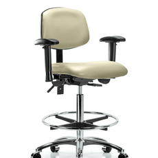 Vinyl Chair Chrome - High Bench Height with Seat Tilt, Adjustable Arms, Chrome Foot Ring, & Casters in Adobe White Trailblazer Vinyl - VHBCH-CR-T1-A1-CF-CC-8501
