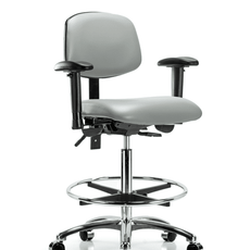 Vinyl Chair Chrome - High Bench Height with Seat Tilt, Adjustable Arms, Chrome Foot Ring, & Casters in Dove Trailblazer Vinyl - VHBCH-CR-T1-A1-CF-CC-8567