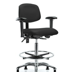 Vinyl Chair Chrome - High Bench Height with Seat Tilt, Adjustable Arms, Chrome Foot Ring, & Casters in Black Trailblazer Vinyl - VHBCH-CR-T1-A1-CF-RG-8540