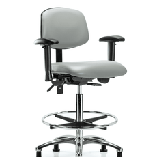 Vinyl Chair Chrome - High Bench Height with Seat Tilt, Adjustable Arms, Chrome Foot Ring, & Casters in Dove Trailblazer Vinyl - VHBCH-CR-T1-A1-CF-RG-8567