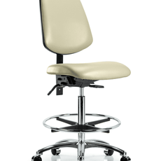 Vinyl Chair Chrome - High Bench Height with Medium Back, Chrome Foot Ring, & Casters in Adobe White Trailblazer Vinyl - VHBCH-MB-CR-T0-A0-CF-CC-8501