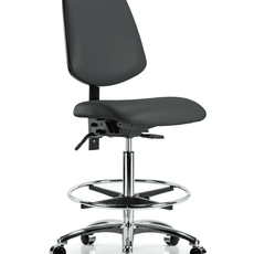 Vinyl Chair Chrome - High Bench Height with Medium Back, Chrome Foot Ring, & Casters in Charcoal Trailblazer Vinyl - VHBCH-MB-CR-T0-A0-CF-CC-8605