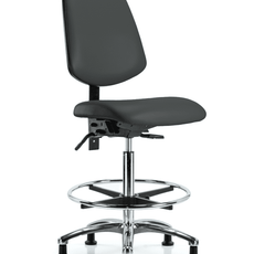 Vinyl Chair Chrome - High Bench Height with Medium Back, Chrome Foot Ring, & Stationary Glides in Charcoal Trailblazer Vinyl - VHBCH-MB-CR-T0-A0-CF-RG-8605