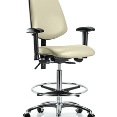 Vinyl Chair Chrome - High Bench Height with Medium Back, Adjustable Arms, Chrome Foot Ring, & Casters in Adobe White Trailblazer Vinyl - VHBCH-MB-CR-T0-A1-CF-CC-8501