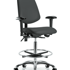 Vinyl Chair Chrome - High Bench Height with Medium Back, Adjustable Arms, Chrome Foot Ring, & Casters in Charcoal Trailblazer Vinyl - VHBCH-MB-CR-T0-A1-CF-CC-8605