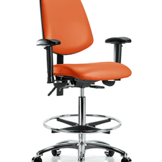 Vinyl Chair Chrome - High Bench Height with Medium Back, Adjustable Arms, Chrome Foot Ring, & Casters in Orange Kist Trailblazer Vinyl - VHBCH-MB-CR-T0-A1-CF-CC-8613