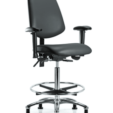 Vinyl Chair Chrome - High Bench Height with Medium Back, Adjustable Arms, Chrome Foot Ring, & Stationary Glides in Carbon Supernova Vinyl - VHBCH-MB-CR-T0-A1-CF-RG-8823