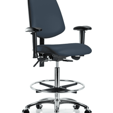 Vinyl Chair Chrome - High Bench Height with Medium Back, Seat Tilt, Adjustable Arms, Chrome Foot Ring, & Casters in Imperial Blue Trailblazer Vinyl - VHBCH-MB-CR-T1-A1-CF-CC-8582