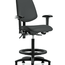 Vinyl Chair - High Bench Height with Medium Back, Adjustable Arms, Black Foot Ring, & Stationary Glides in Charcoal Trailblazer Vinyl - VHBCH-MB-RG-T0-A1-BF-RG-8605