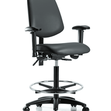 Vinyl Chair - High Bench Height with Medium Back, Adjustable Arms, Chrome Foot Ring, & Casters in Carbon Supernova Vinyl - VHBCH-MB-RG-T0-A1-CF-RC-8823