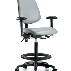 Vinyl Chair - High Bench Height with Medium Back, Seat Tilt, Adjustable Arms, Black Foot Ring, & Casters in Dove Trailblazer Vinyl - VHBCH-MB-RG-T1-A1-BF-RC-8567