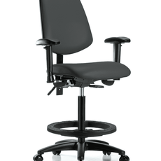 Vinyl Chair - High Bench Height with Medium Back, Seat Tilt, Adjustable Arms, Black Foot Ring, & Casters in Charcoal Trailblazer Vinyl - VHBCH-MB-RG-T1-A1-BF-RC-8605