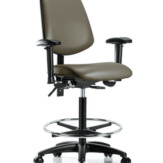 Vinyl Chair - High Bench Height with Medium Back, Seat Tilt, Adjustable Arms, Chrome Foot Ring, & Casters in Taupe Supernova Vinyl - VHBCH-MB-RG-T1-A1-CF-RC-8809