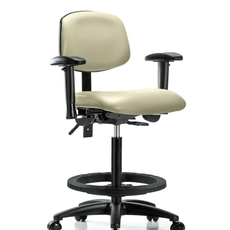 Vinyl Chair - High Bench Height with Adjustable Arms, Black Foot Ring, & Casters in Adobe White Trailblazer Vinyl - VHBCH-RG-T0-A1-BF-RC-8501