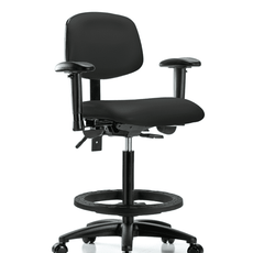 Vinyl Chair - High Bench Height with Adjustable Arms, Black Foot Ring, & Casters in Black Trailblazer Vinyl - VHBCH-RG-T0-A1-BF-RC-8540
