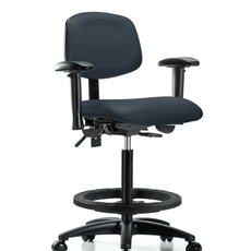 Vinyl Chair - High Bench Height with Adjustable Arms, Black Foot Ring, & Casters in Imperial Blue Trailblazer Vinyl - VHBCH-RG-T0-A1-BF-RC-8582